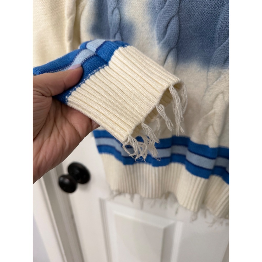 House of Sunny Varsity Cable Knit Sweater Blue Cream Distressed V-Neck XS - Picture 7 of 9